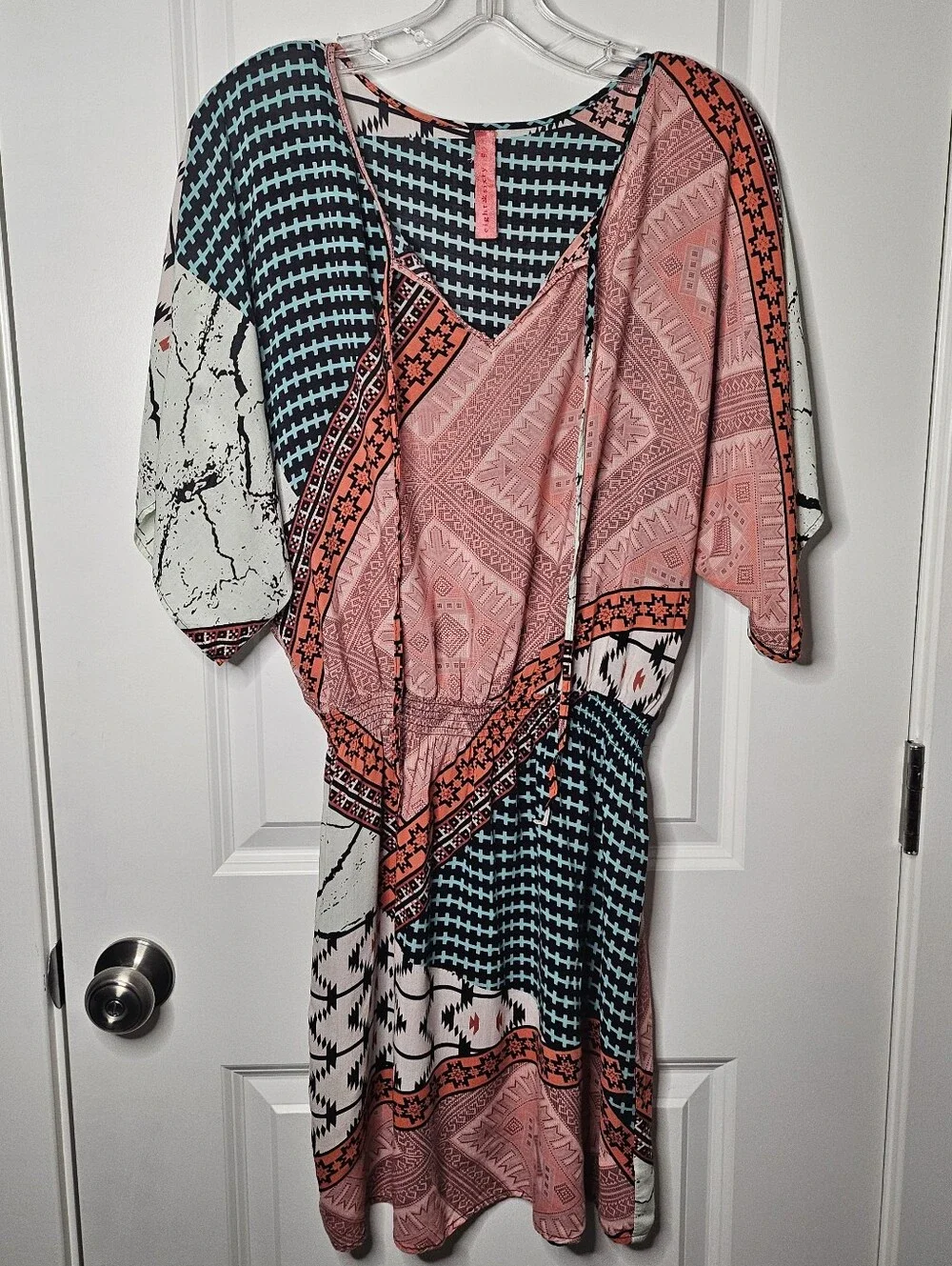Eight Sixty Multi-Print Midi Dress in Coral, Teal, Cream - Picture 3 of 14